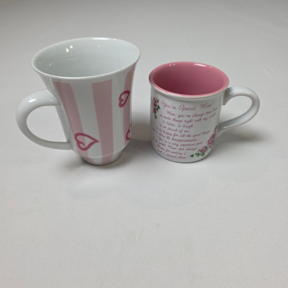 Carlton Cards Coffee Mugs Set of 2 Mom Poem Hearts Stripes Pink White Stoneware